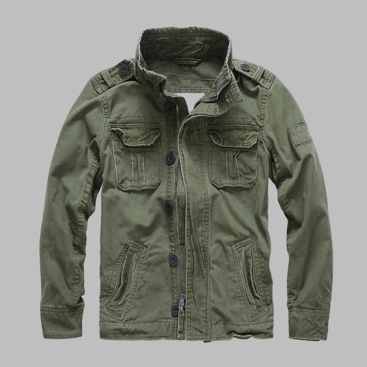 Stylish men's camouflage jacket for outdoor adventures. Versatile military-style outerwear, ideal for spring fashion.