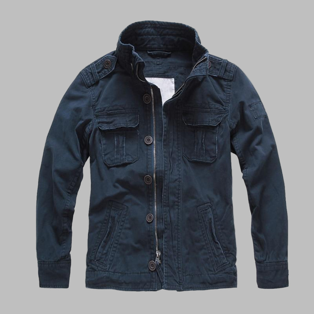 Rugged men's camouflage utility jacket with military styling. Custom fit for casual wear, perfect for outdoor fashion.