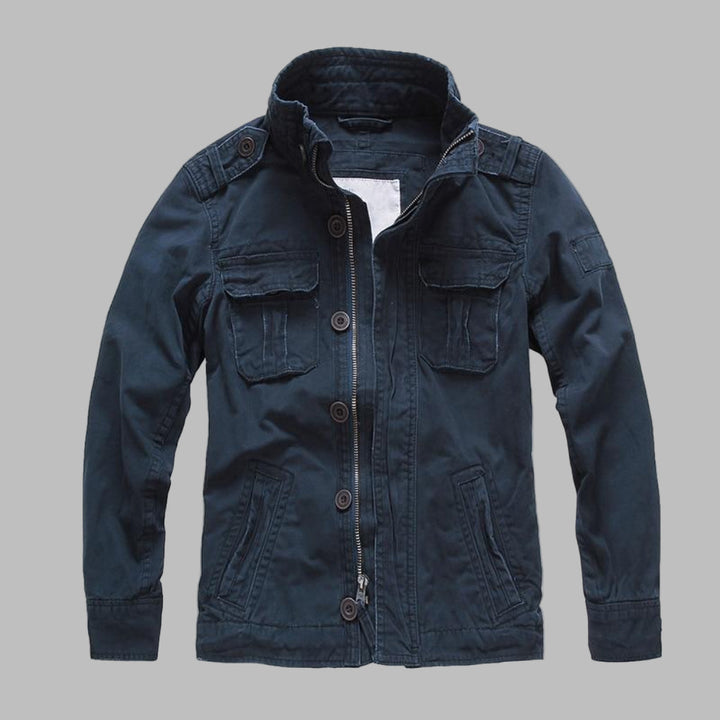 Rugged men's camouflage utility jacket with military styling. Custom fit for casual wear, perfect for outdoor fashion.