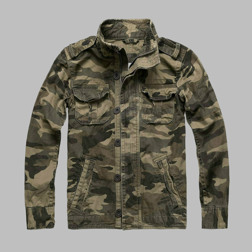 Men's versatile camouflage military jacket, great for outdoor activities & casual fashion. Durable and stylish spring outerwear.