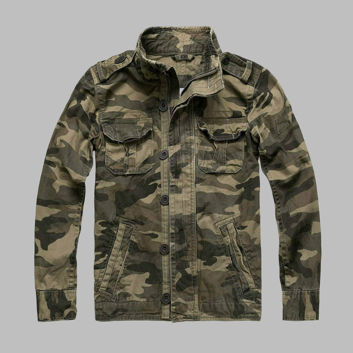 Men's versatile camouflage military jacket, great for outdoor activities & casual fashion. Durable and stylish spring outerwear.