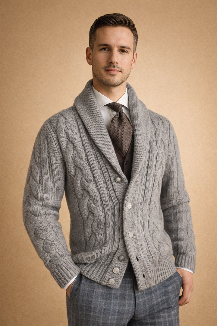 Stylish men's button cardigan with a relaxed fit, ideal for warm fall & winter casual outfits. Soft knit.