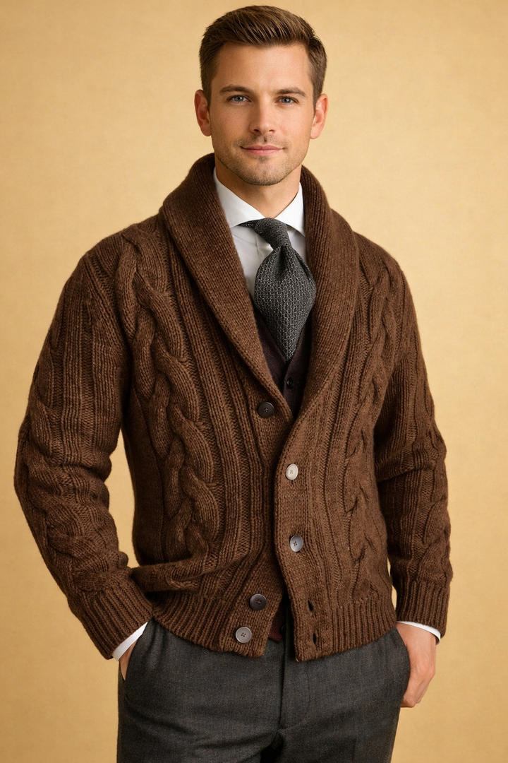 Warm men's knit button cardigan, essential outerwear for cool fall & winter days. Great for layering.