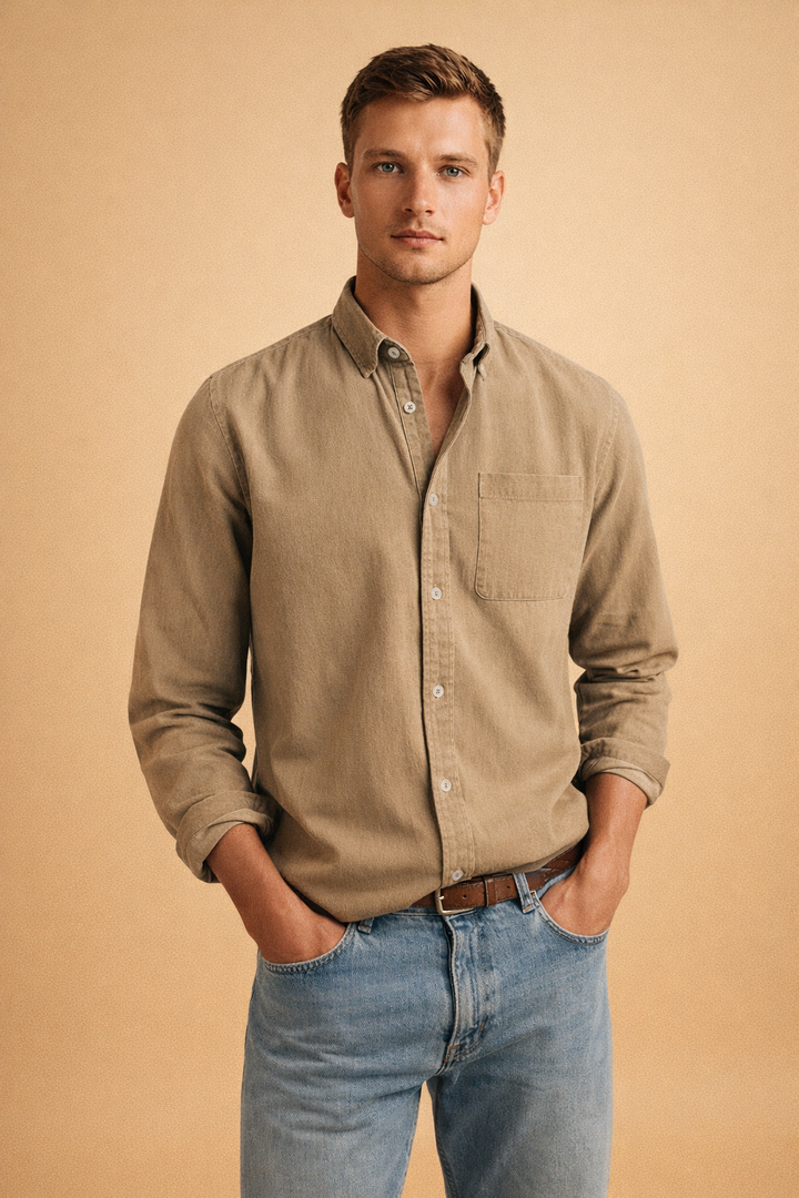Stylish men's smart casual collared shirt with long sleeves & chest pocket. Perfect for everyday fashion.
