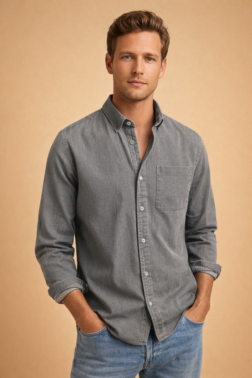 Versatile men's long sleeve button-down shirt. Comfortable everyday top, ideal for casual and smart casual looks.