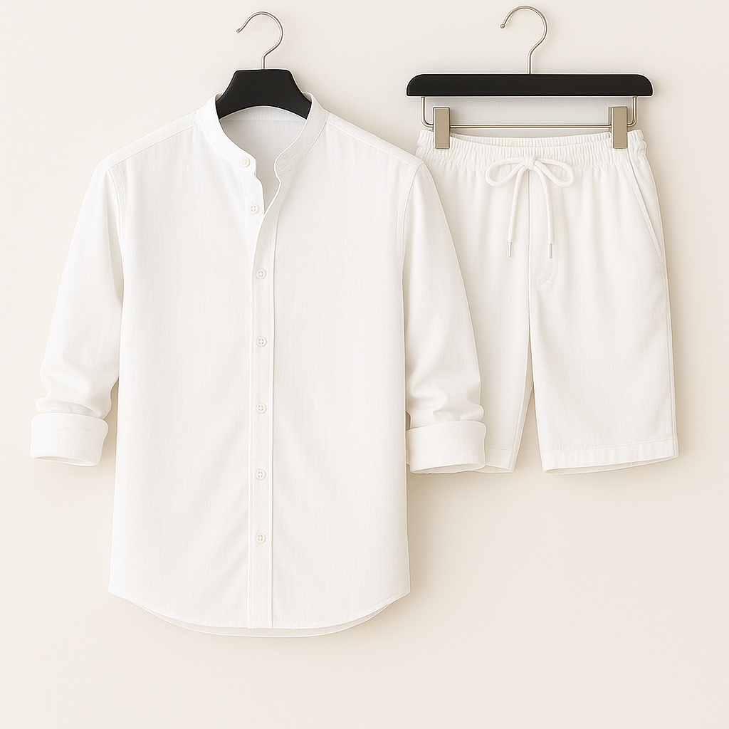 Men's casual matching shirt & shorts set, perfect for summer holidays & beachwear. Comfortable two-piece outfit.