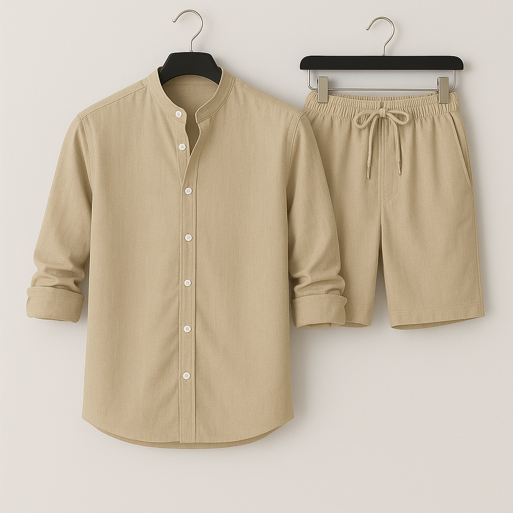 Versatile men's fashion set: casual short-sleeve shirt & matching shorts. Perfect for summer vacations.