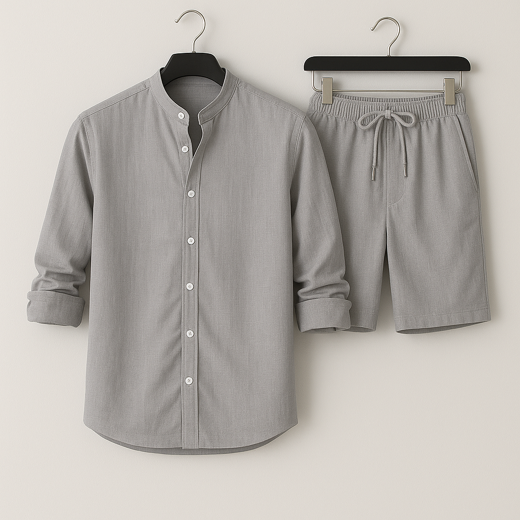 Comfortable menswear two-piece set: casual shirt & shorts. Stylish holiday outfit for men's summer fashion.