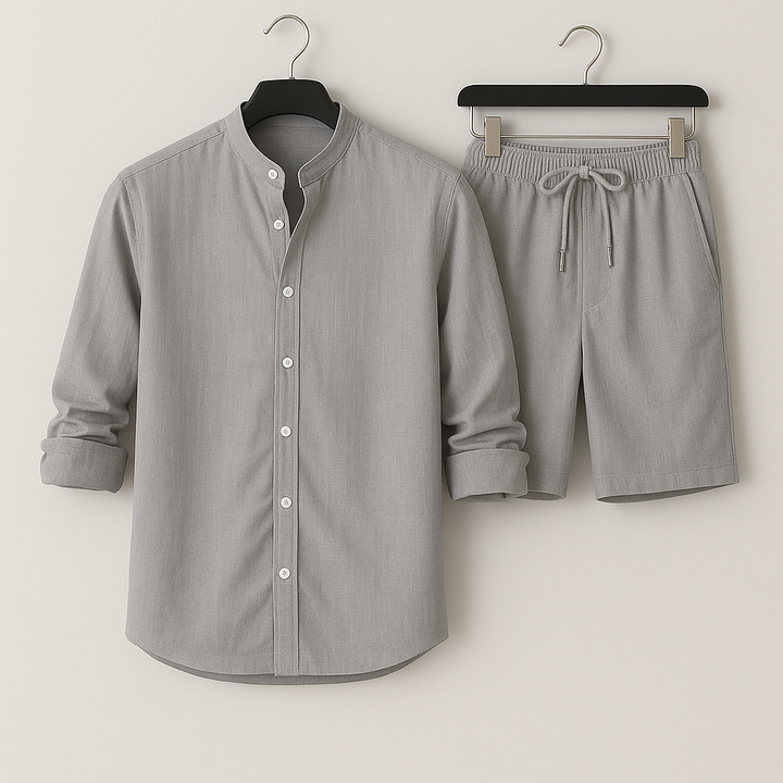 Comfortable menswear two-piece set: casual shirt & shorts. Stylish holiday outfit for men's summer fashion.