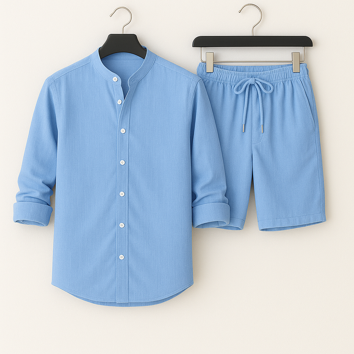 Men's beachwear matching set, featuring a casual shirt & shorts. Essential for a stylish summer holiday.