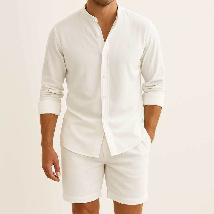 Stylish men's matching shirt and shorts set, designed for ultimate comfort on summer holidays.