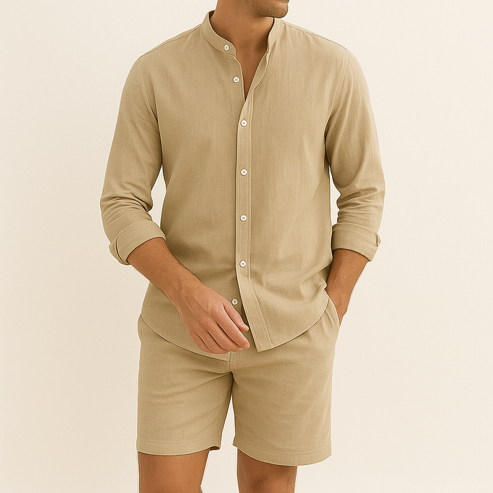 Casual men's summer outfit. Two-piece set with a relaxed shirt & matching shorts for holiday wear.