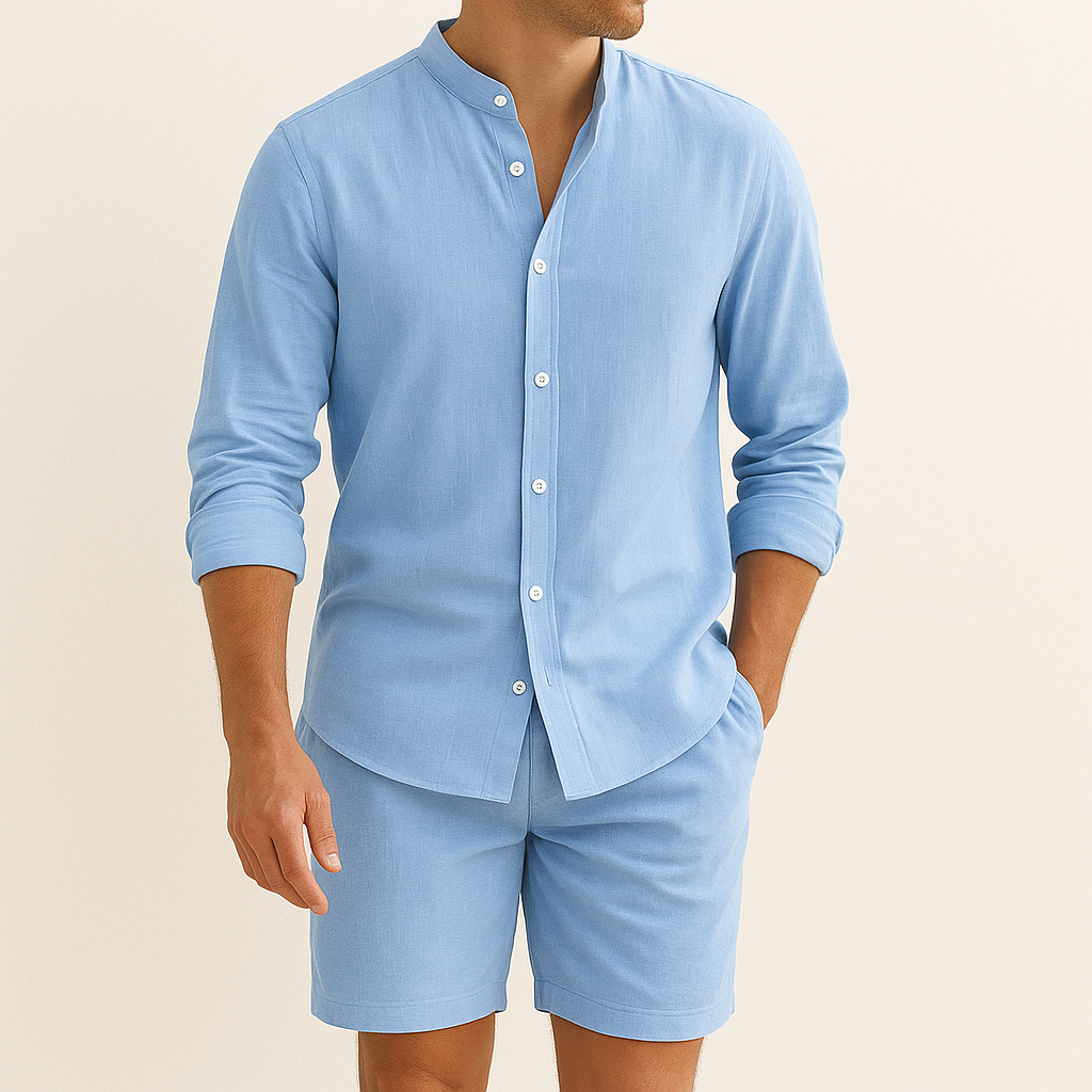 Men's versatile two-piece summer set: casual shirt & shorts. Great for holidays, beach, or relaxed style.