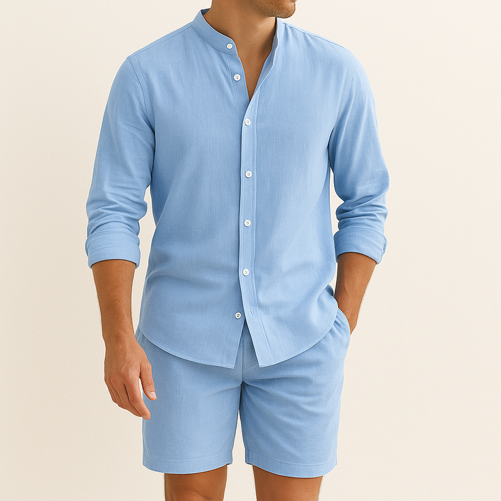 Men's versatile two-piece summer set: casual shirt & shorts. Great for holidays, beach, or relaxed style.