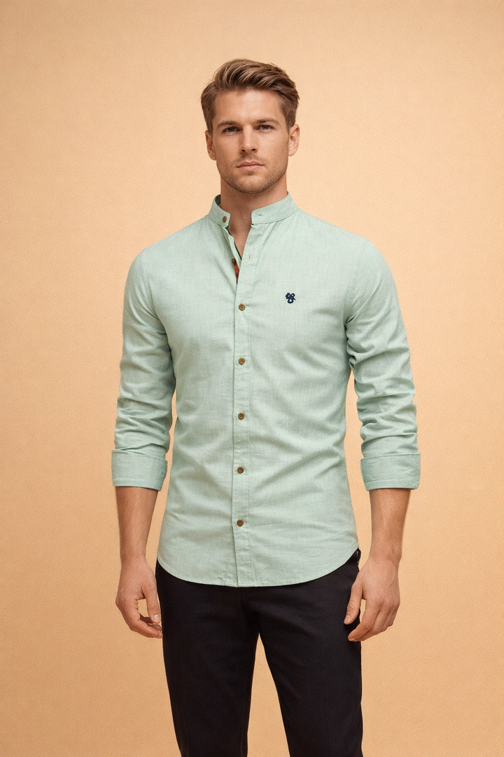 Stylish men's long sleeve slim-fit button-down shirt with a modern mandarin collar.