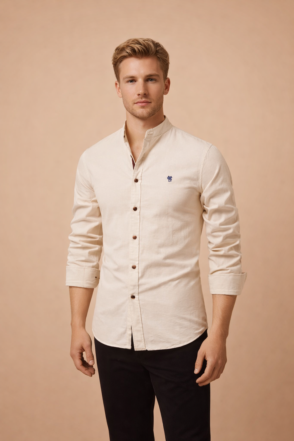 Modern men's long sleeve button-down shirt with a slim-fit cut and mandarin collar.
