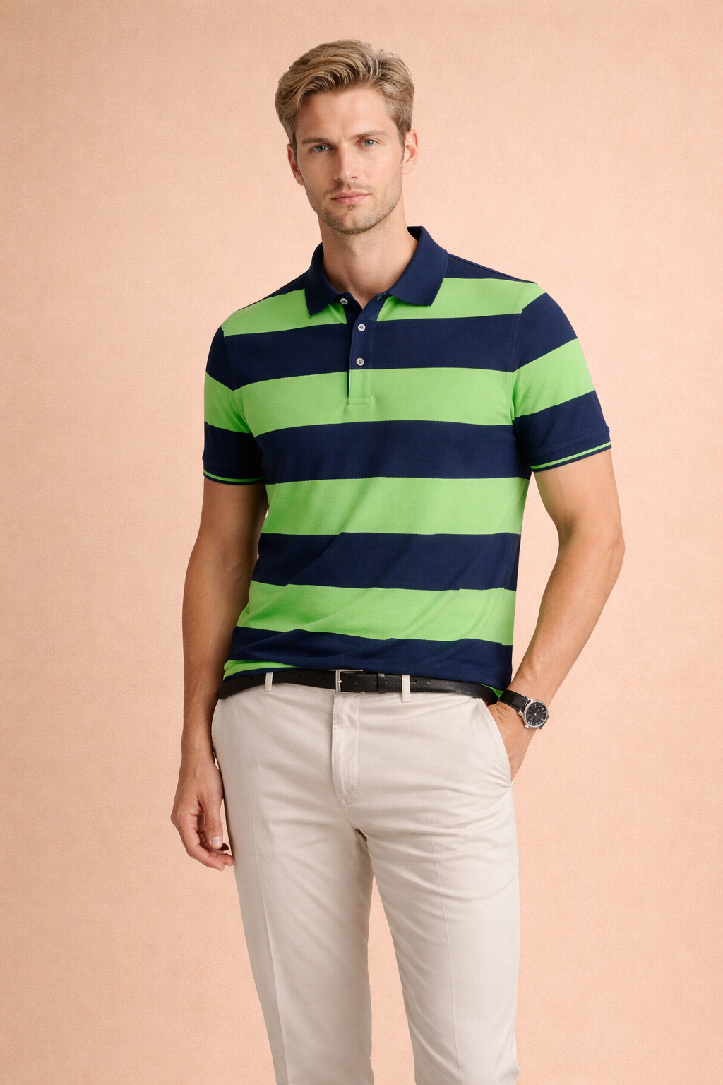 Modern men's short sleeve striped polo, versatile smart casual wear, comfort fit for everyday spring/summer style.