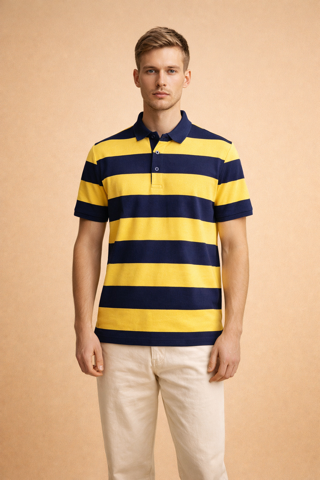 Stylish men's striped polo shirt with short sleeves, ideal for casual and everyday wear, offering modern comfort.