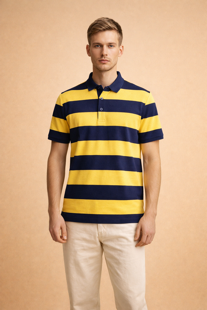 Stylish men's striped polo shirt with short sleeves, ideal for casual and everyday wear, offering modern comfort.