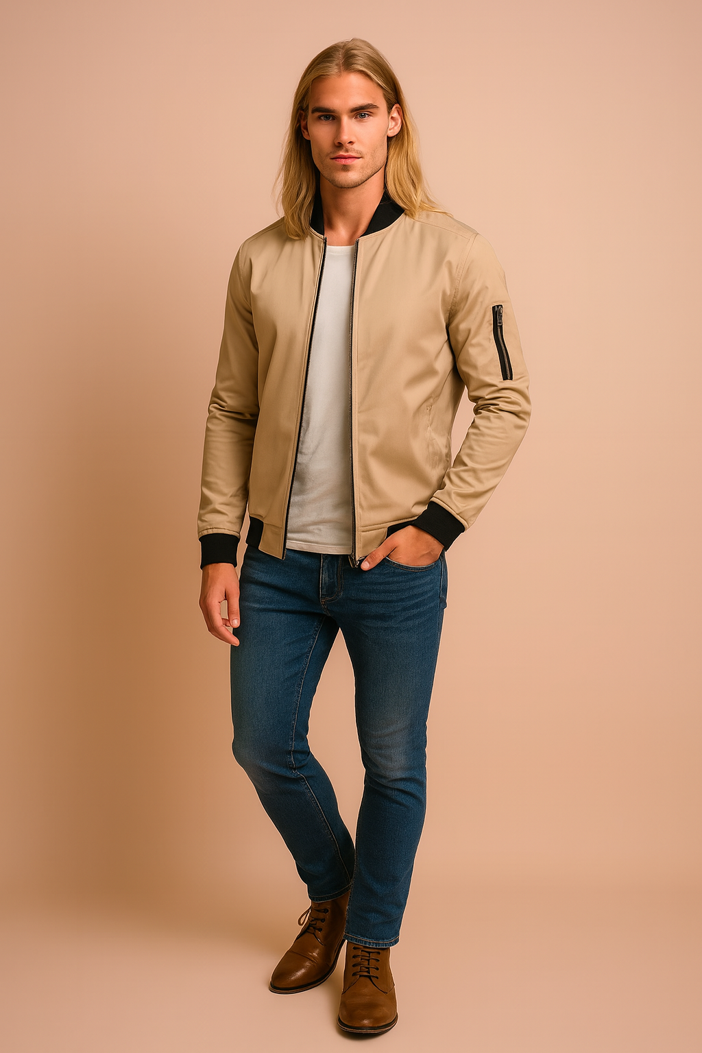 Fitted men's bomber jacket with zip-up closure & pockets, ideal casual outerwear for modern men's fashion.