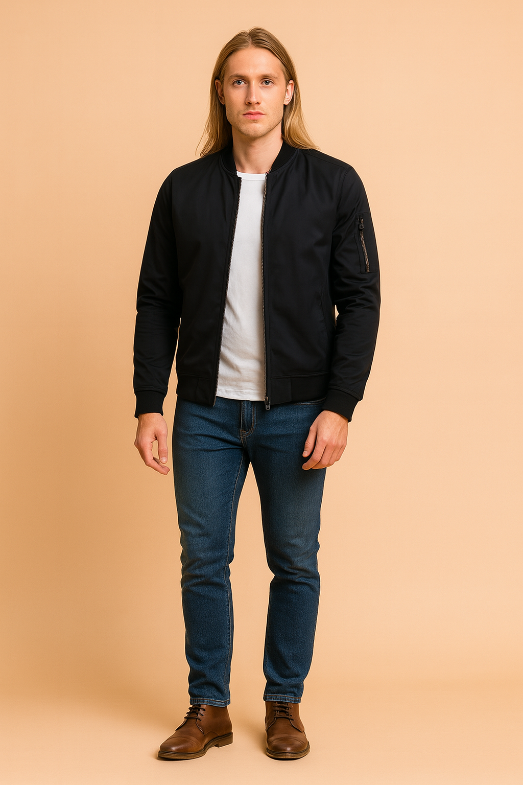 All-season men's casual bomber jacket, a stylish zip-up outerwear piece with practical pockets for urban fashion.