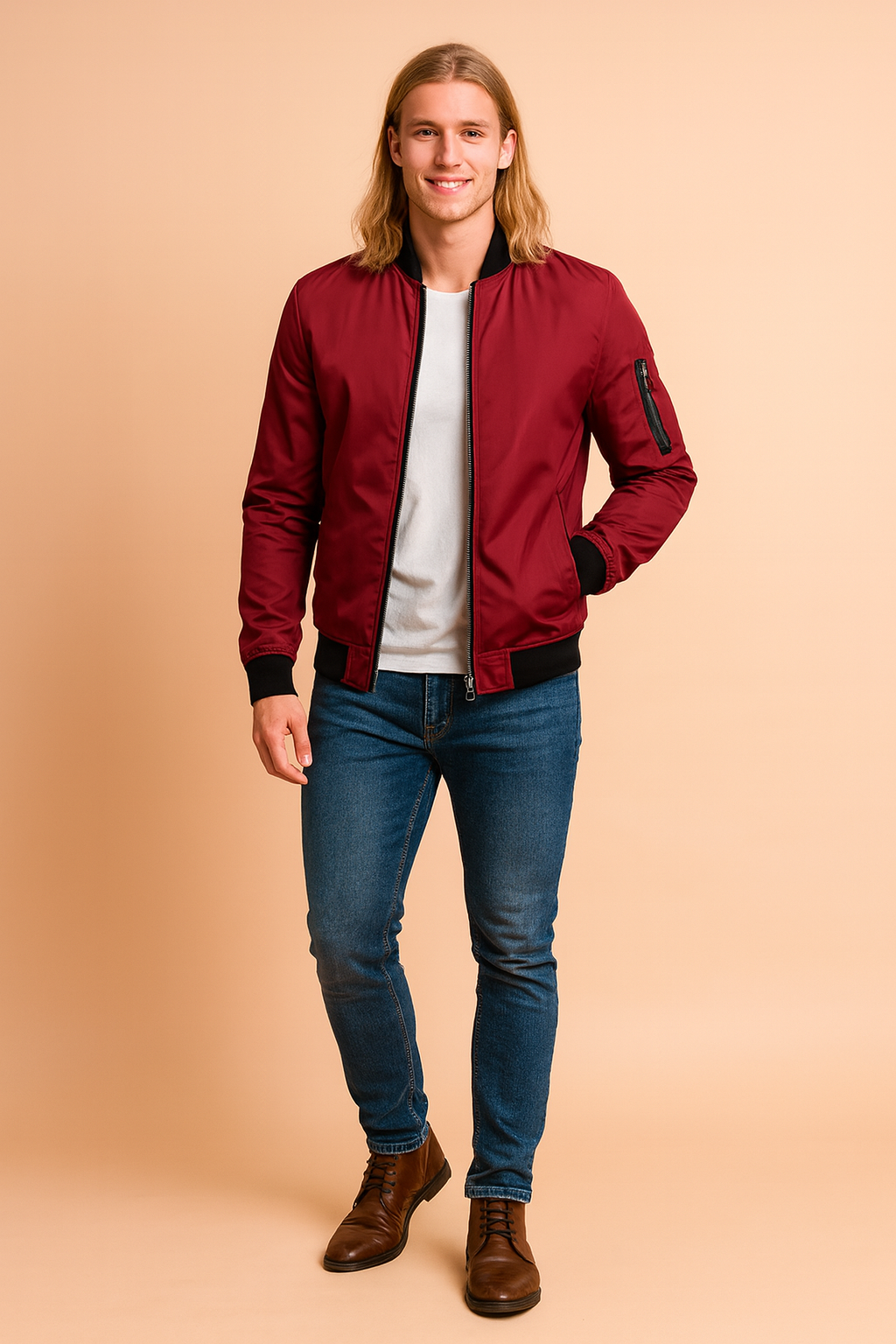 Men's fashion bomber jacket, a comfortable zip-up casual outerwear with practical pockets, fitted urban style.