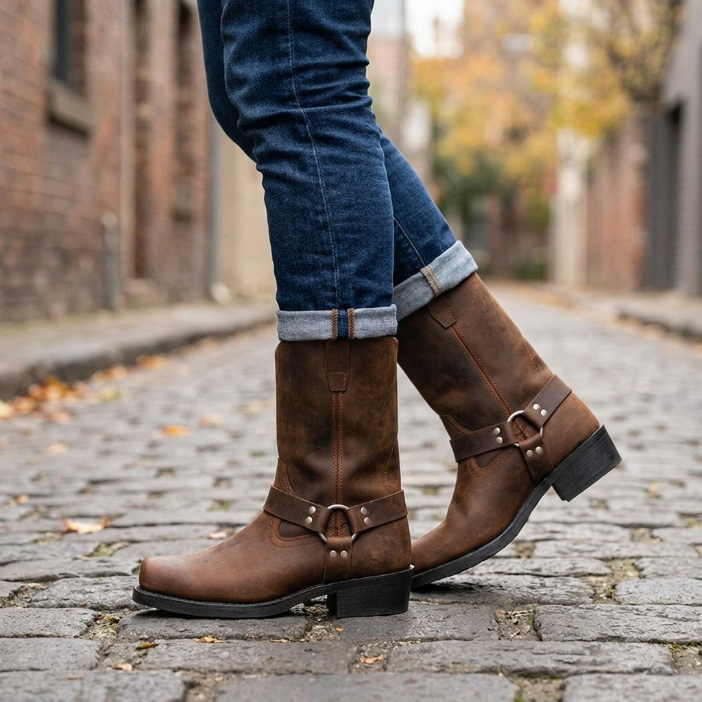 Rugged men's black harness cowboy boots. Mid-calf western pull-on style, perfect for everyday wear and comfort.