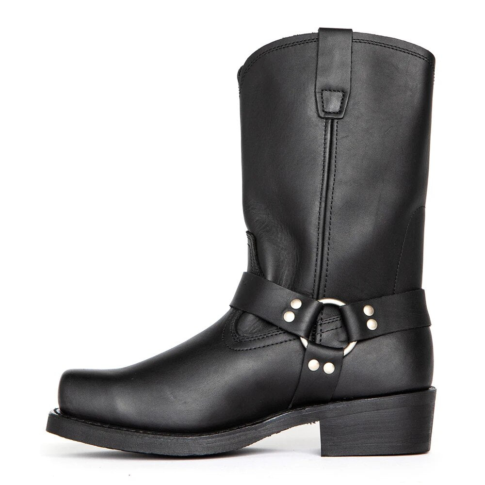 Stylish men's coffee harness cowboy boots. Mid-calf western pull-on boots with durable leather for all-day wear.