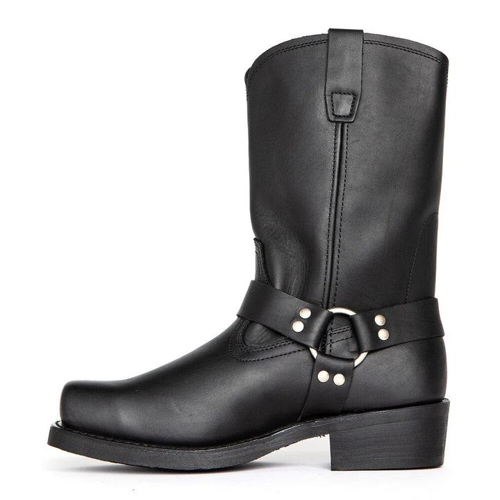 Stylish men's coffee harness cowboy boots. Mid-calf western pull-on boots with durable leather for all-day wear.