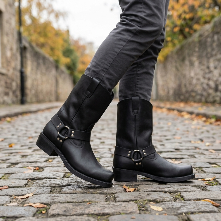Classic men's leather cowboy boots with harness detail. Mid-calf western pull-on style, rugged and durable for men.