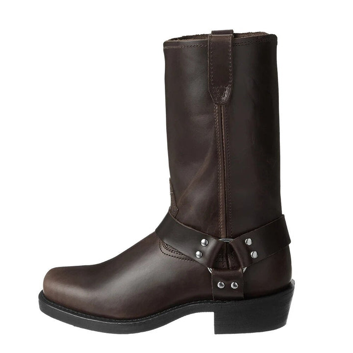Brown men's mid-calf harness cowboy boots. Pull-on western leather boots, classic and stylish for rugged appeal.