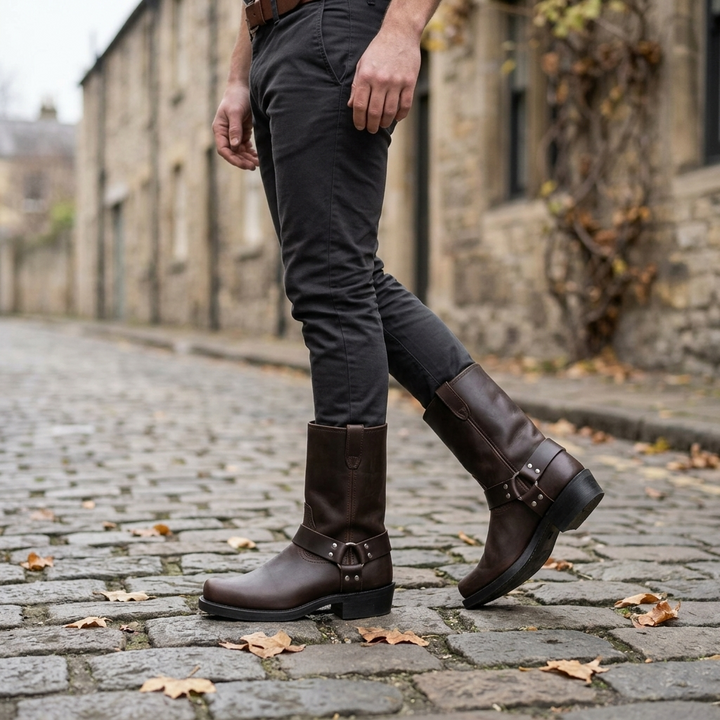 Versatile men's western harness cowboy boots. Mid-calf pull-on style in black leather, great for everyday rugged wear.