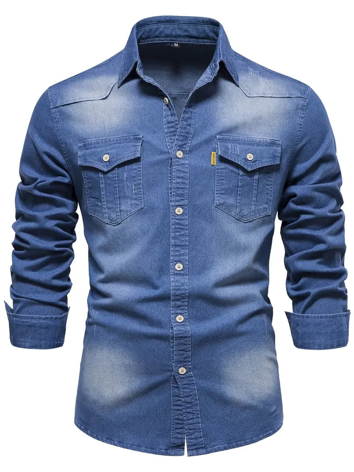 Men's classic denim button-up shirt in a versatile blue wash, perfect for everyday casual style and comfort.