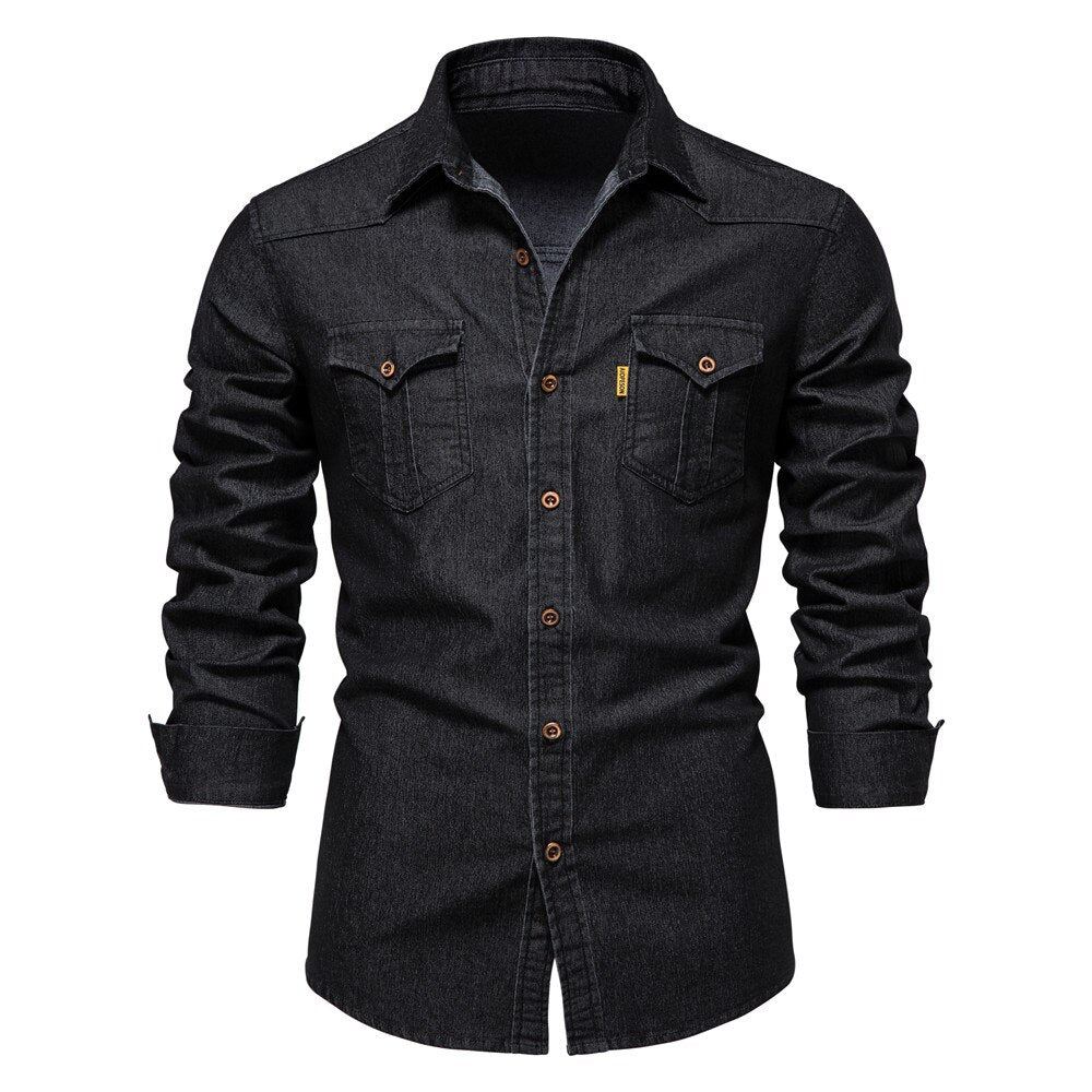 Comfortable men's button-up denim shirt with long sleeves, offering a classic look for casual outings.