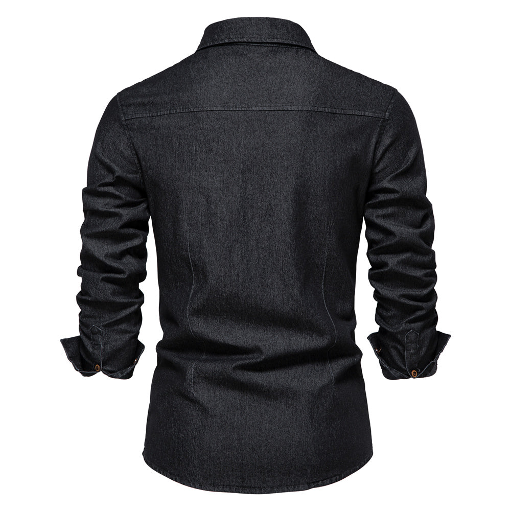 Versatile men's denim long sleeve shirt, perfect for casual wear, everyday style, and a classic button-up look.
