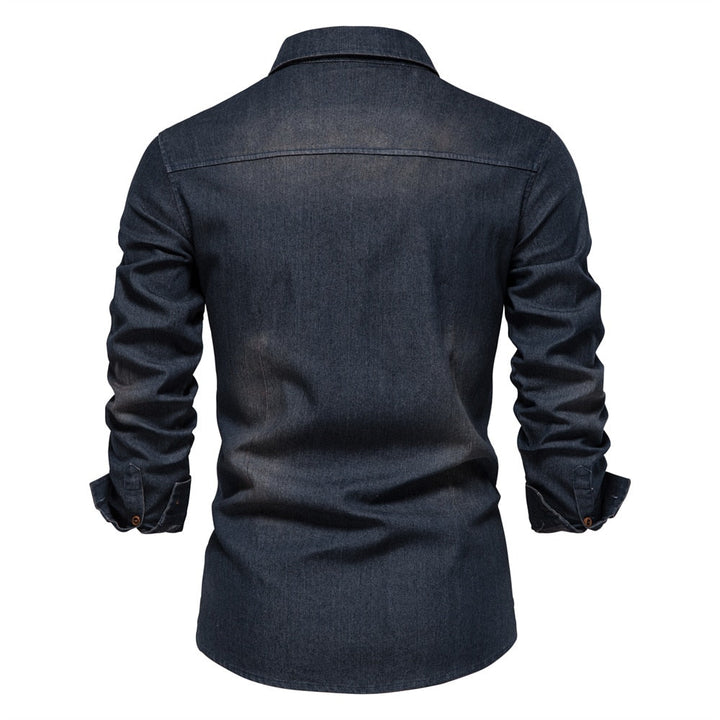 Blue denim men's button-up shirt, a classic long-sleeve design for comfortable, stylish everyday fashion.