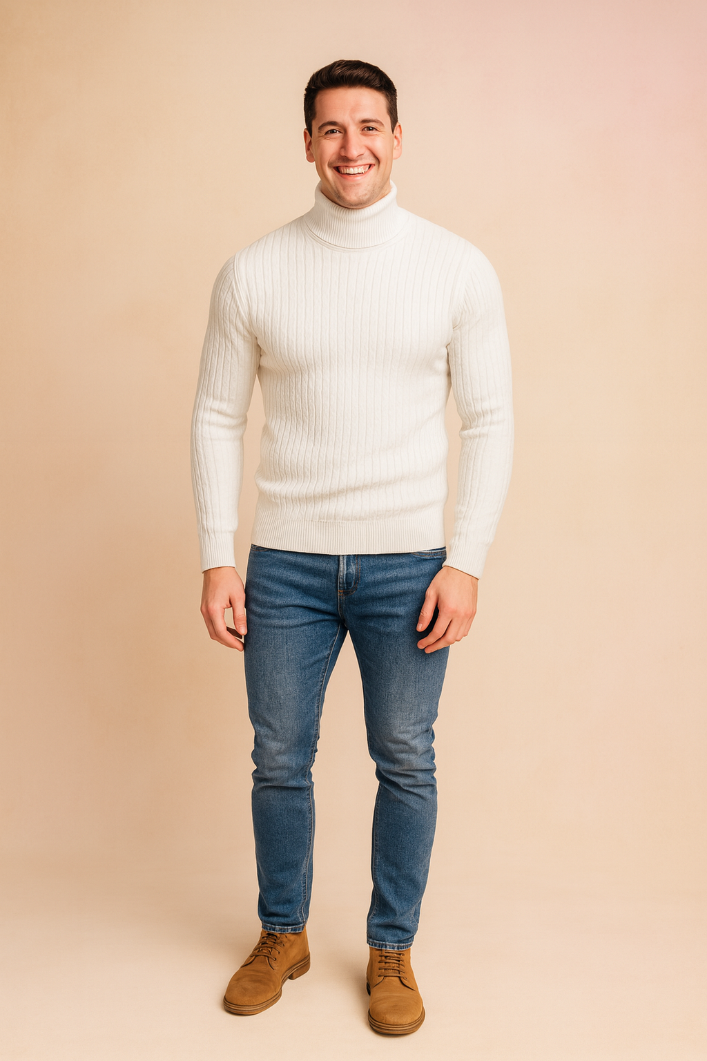 Elegant men's golf turtleneck sweater in navy, a warm long sleeve knitwear piece for stylish layering.