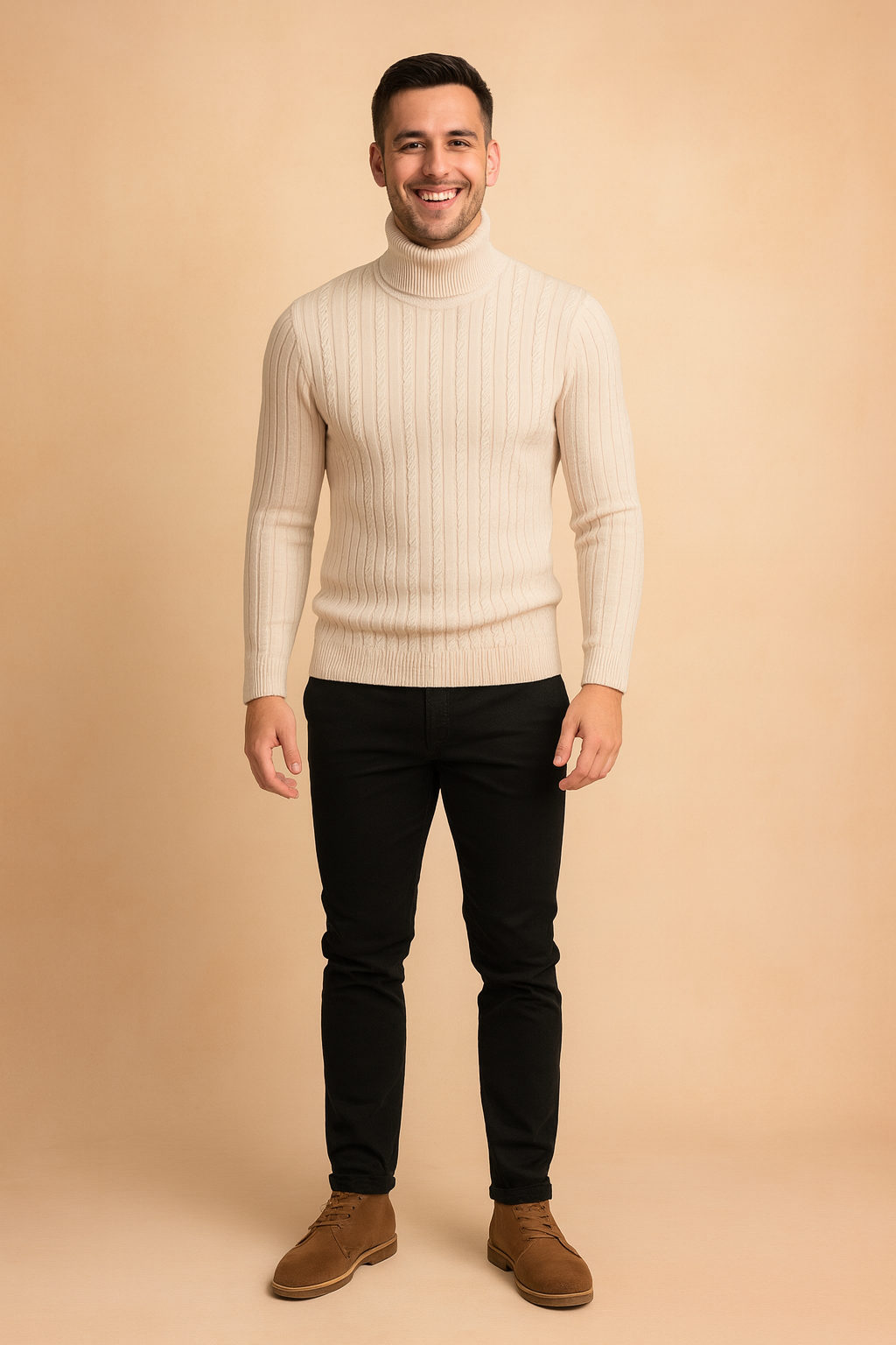 Comfortable men's golf turtleneck sweater, versatile knitwear for classic winter style & golf course.