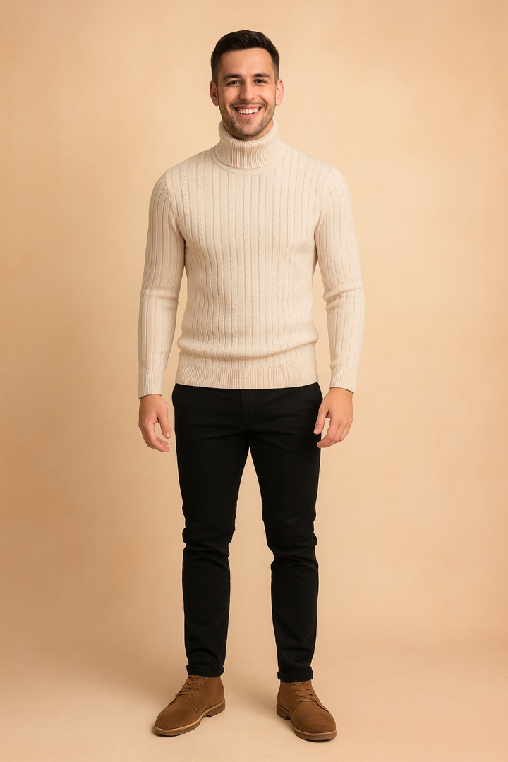 Comfortable men's golf turtleneck sweater, versatile knitwear for classic winter style & golf course.