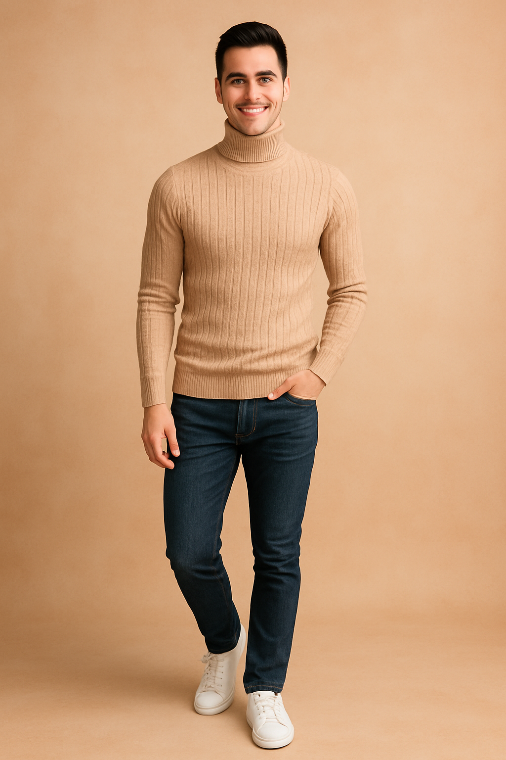 Stylish men's classic turtleneck sweater. Warm, slim fit knitwear for golf and elegant winter fashion.