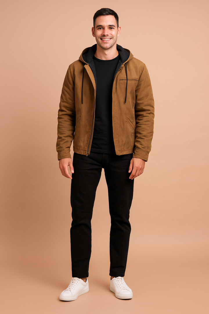 Men's classic hooded winter jacket, warm, stylish, and durable outerwear for cold weather.