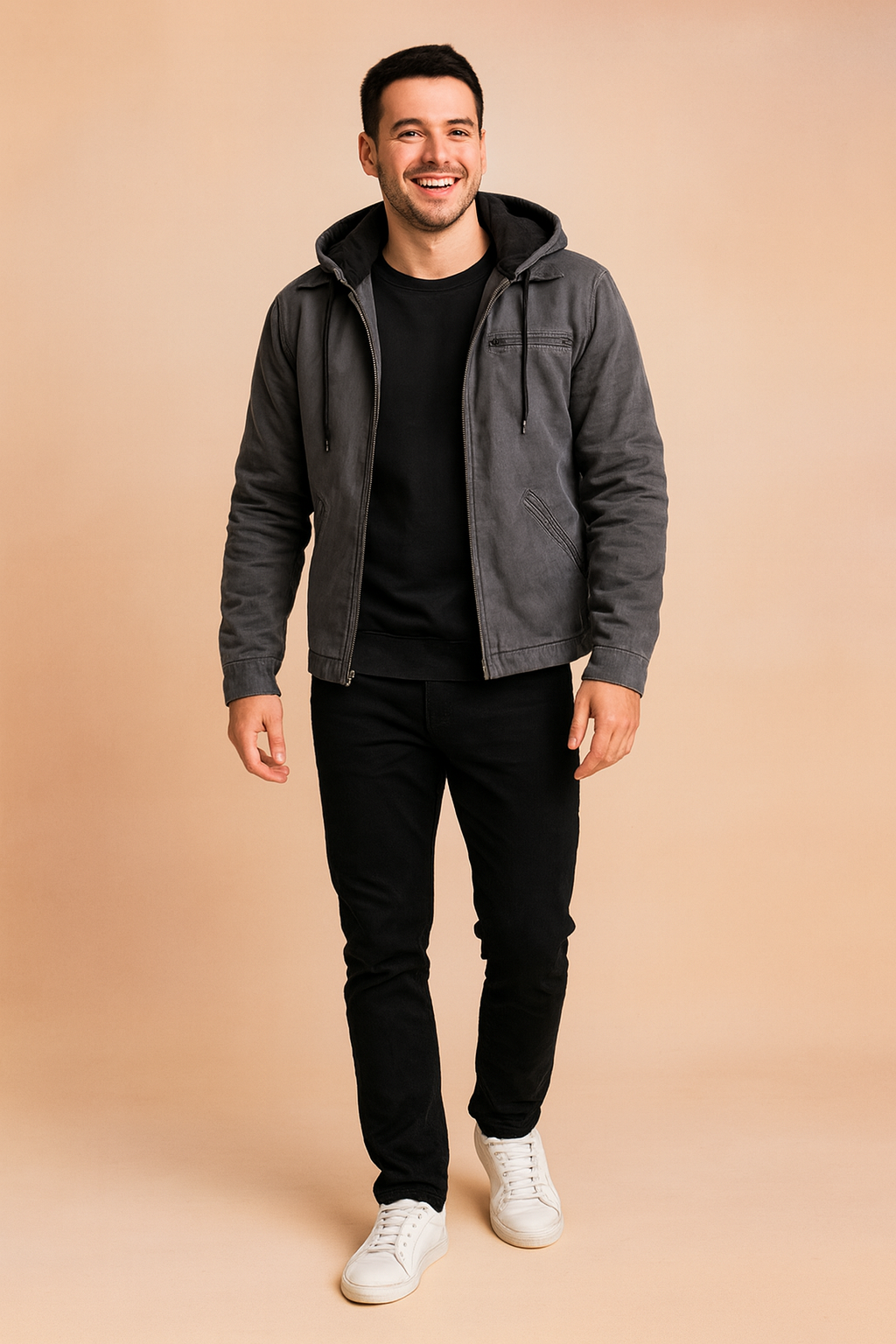Warm men's hooded winter jacket in classic style, perfect for casual wear & outdoor adventures.
