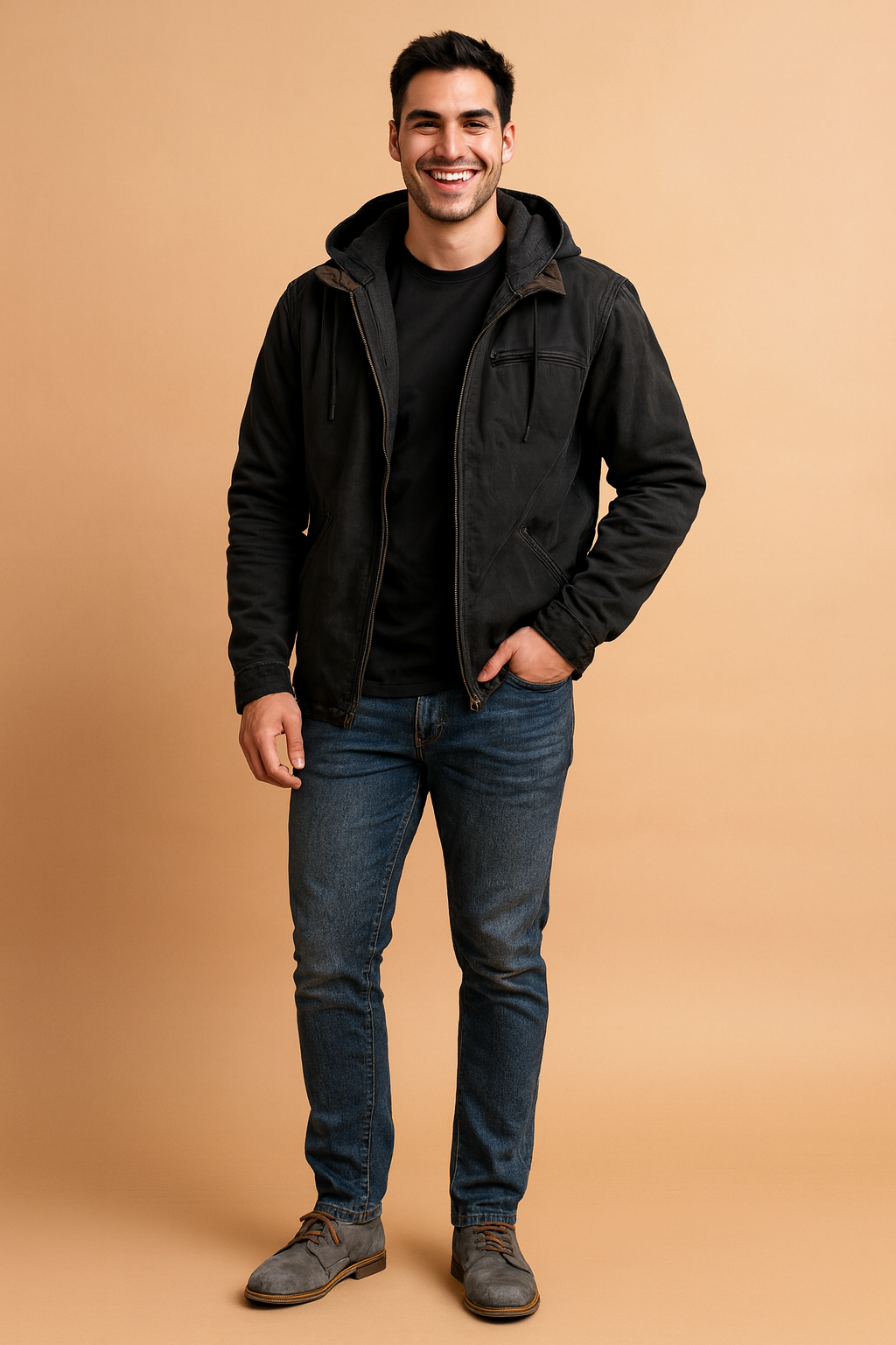 Durable men's classic hooded winter jacket, providing essential warmth and stylish protection from cold.