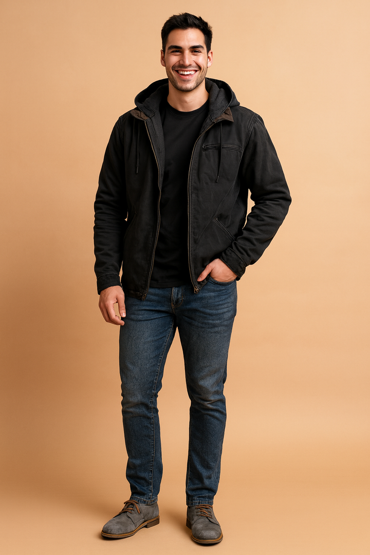 Durable men's classic hooded winter jacket, providing essential warmth and stylish protection from cold.