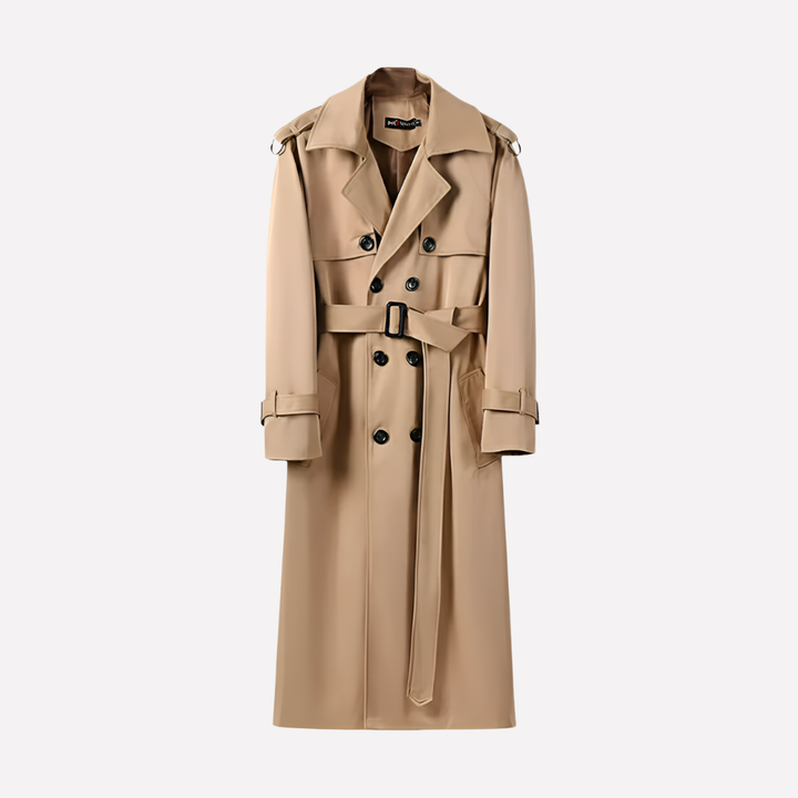 Men's classic khaki belted over-the-knee trench coat. Stylish outerwear for business or urban fashion.