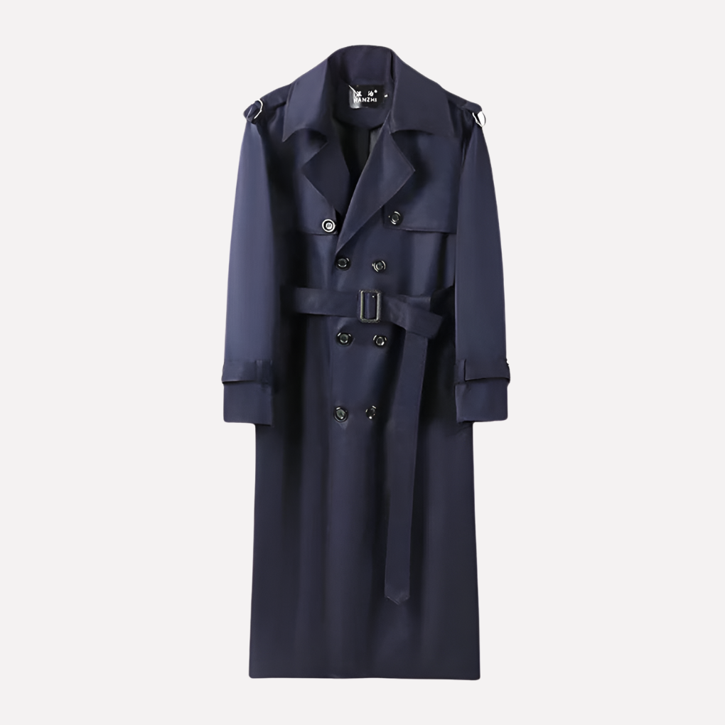 Elegant men's navy blue over-the-knee trench coat with belt. Perfect classic outerwear for business wear.