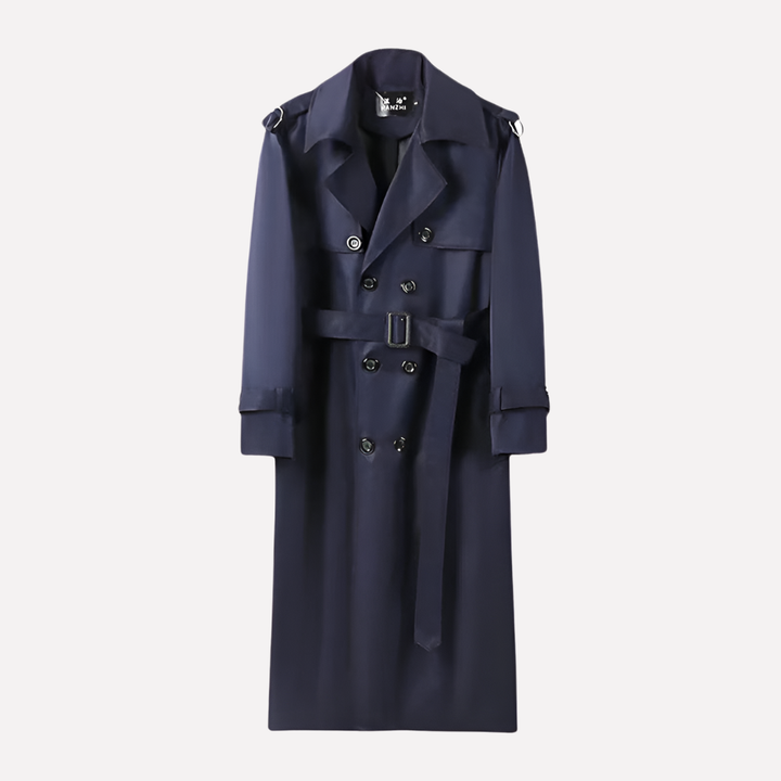 Elegant men's navy blue over-the-knee trench coat with belt. Perfect classic outerwear for business wear.