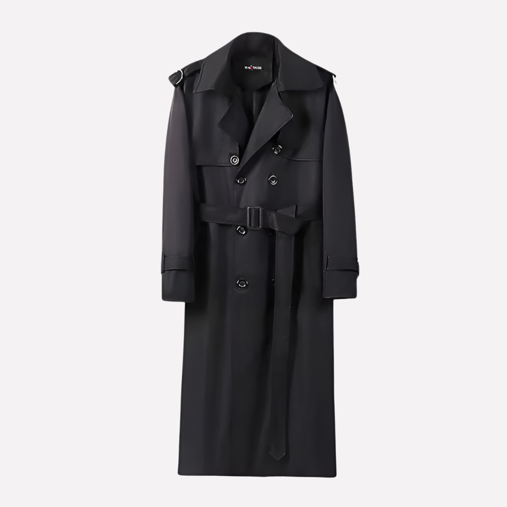 Black men's classic belted over-the-knee trench coat. Long, stylish outerwear for men's fashion.