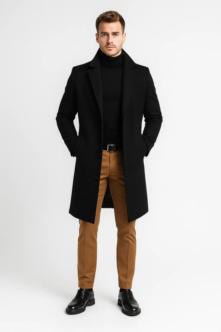 Warm men's long winter coat with classic lapel, ideal for both formal and casual stylish cold weather fashion.