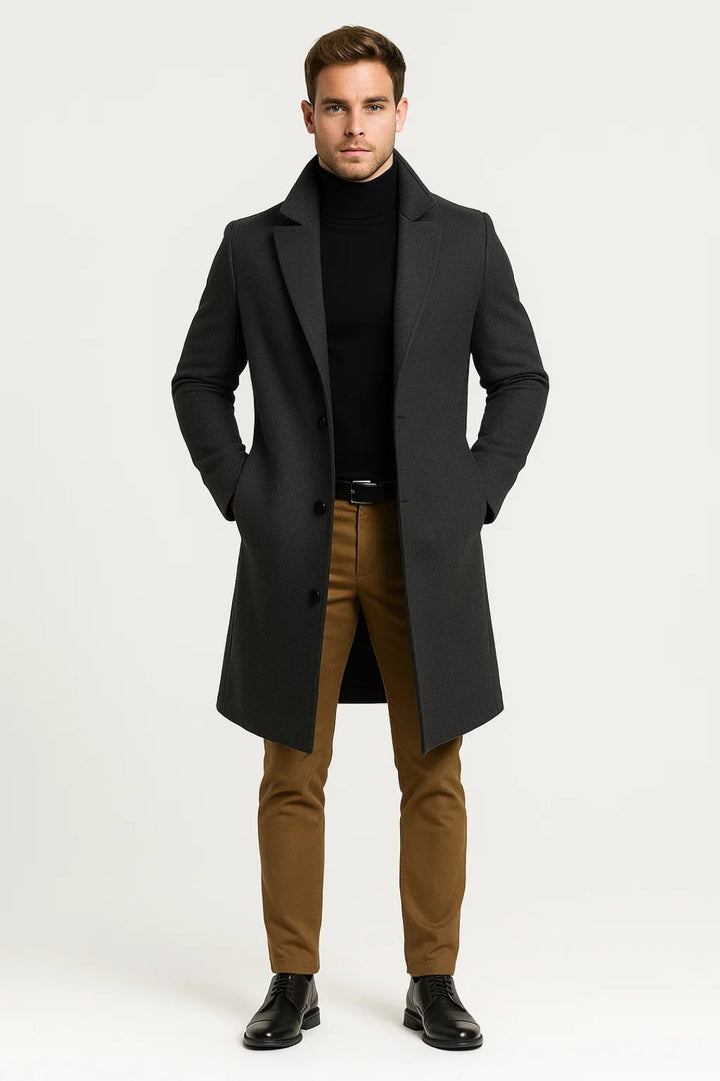 Elegant men's lapel long winter coat, a classic fashion outerwear choice for stylish and warm cold weather.